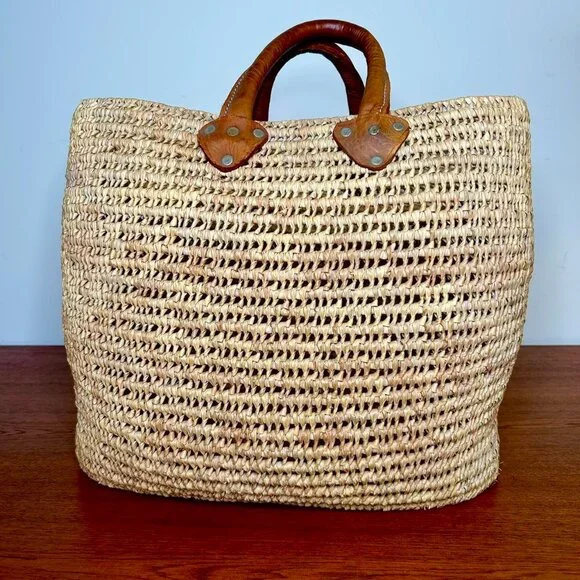 Vintage Leather Handled Handwoven Moroccan Basket Tote